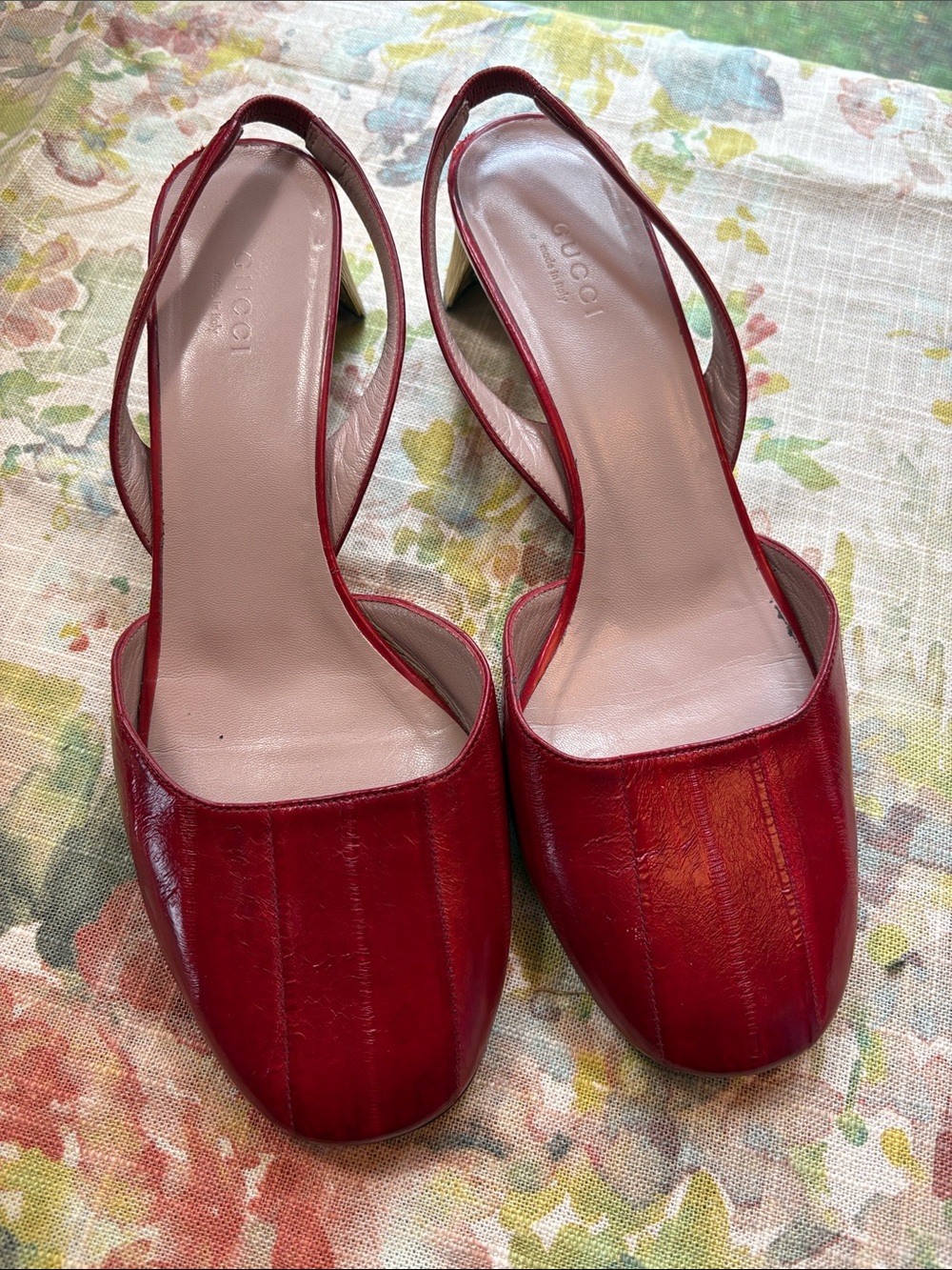 Authentic Gucci Red Leather Slingback Pumps with Square Toe 39.5 9.5US